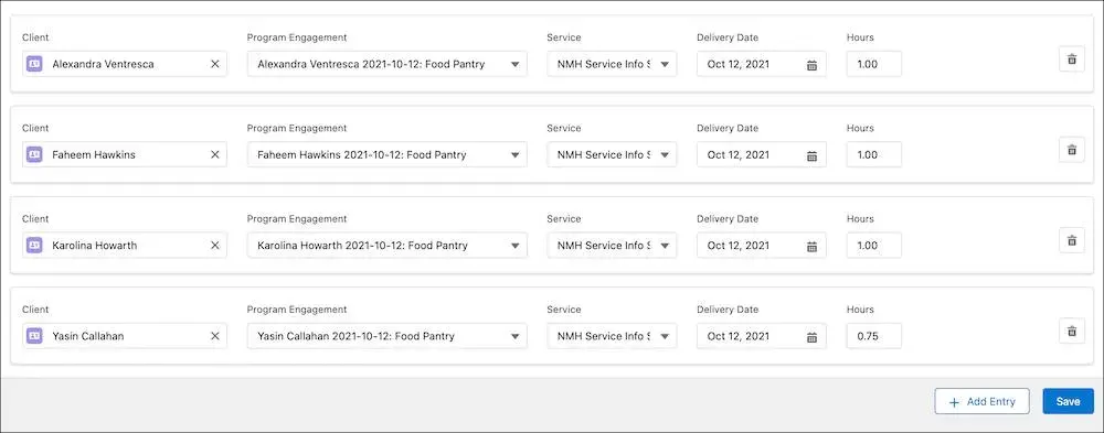 Four rows in Bulk Service Deliveries entry, each for a different client