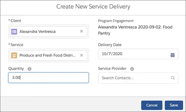 The Create New Service Delivery interface