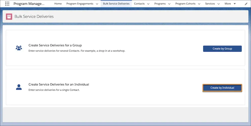 The Bulk Service Deliveries page to choose to Create by Group or Create by Individual