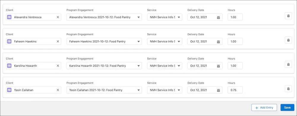 Four rows in Bulk Service Deliveries entry, each for a different client