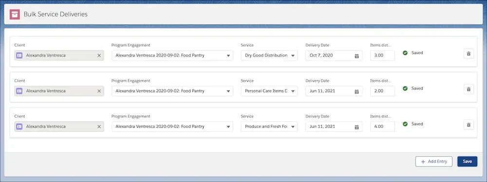 A Bulk Service Deliveries entry with three rows, all marked as Saved