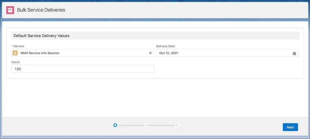 Selecting the Service, Delivery Date, and Hours in the Default Service Delivery Values interface