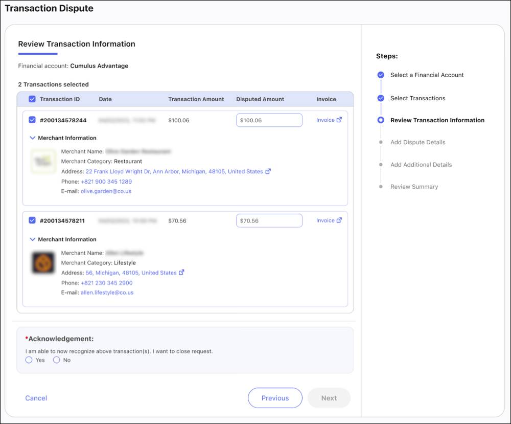 A transaction dispute assessment built with Discovery Framework questions.
