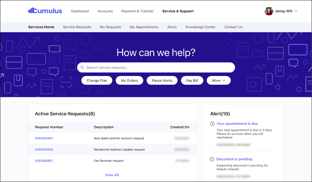 The services home page with a list of available actions, active service requests, and alerts.