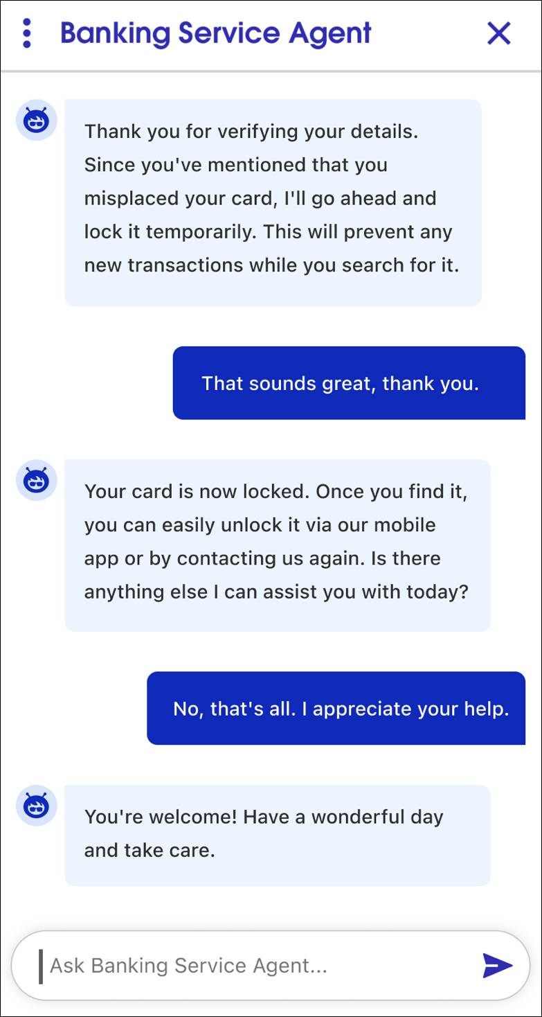 The banking service agent confirms that a customer’s lost card is locked.