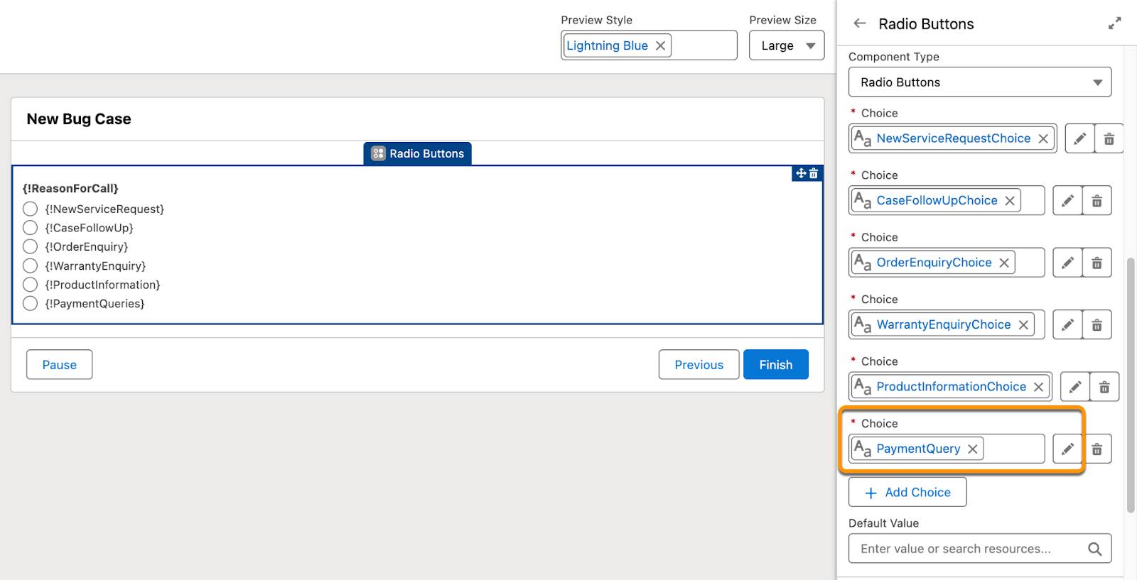 The Radio Buttons element in the Verify Caller Identity flow.