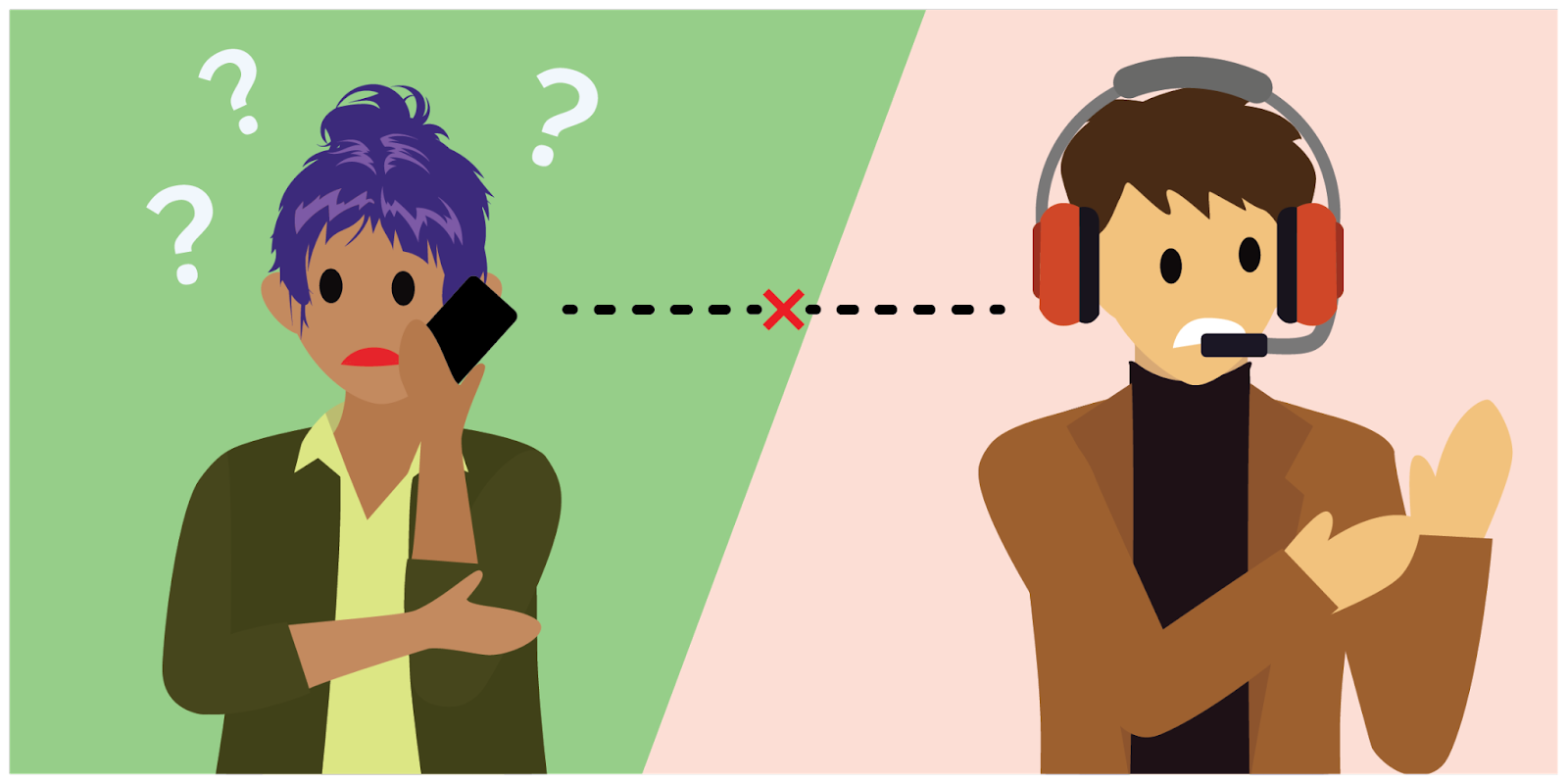 Customer service rep talking with confused consumer whose experience is poorly affected due to siloed practices.