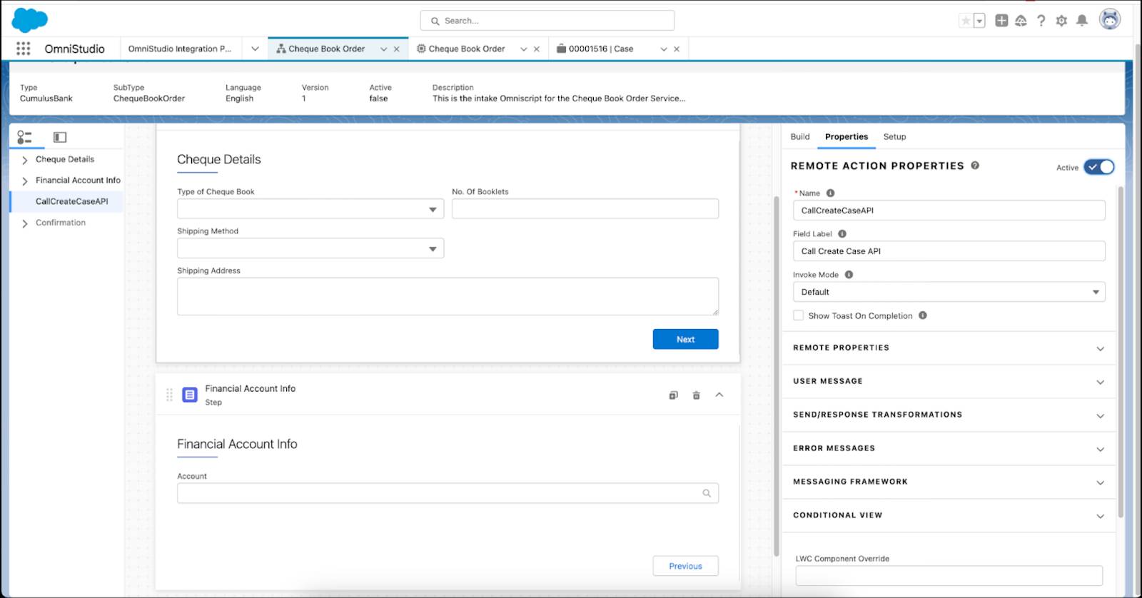 Screen that shows the Cheque Details and Financial Account Info steps.