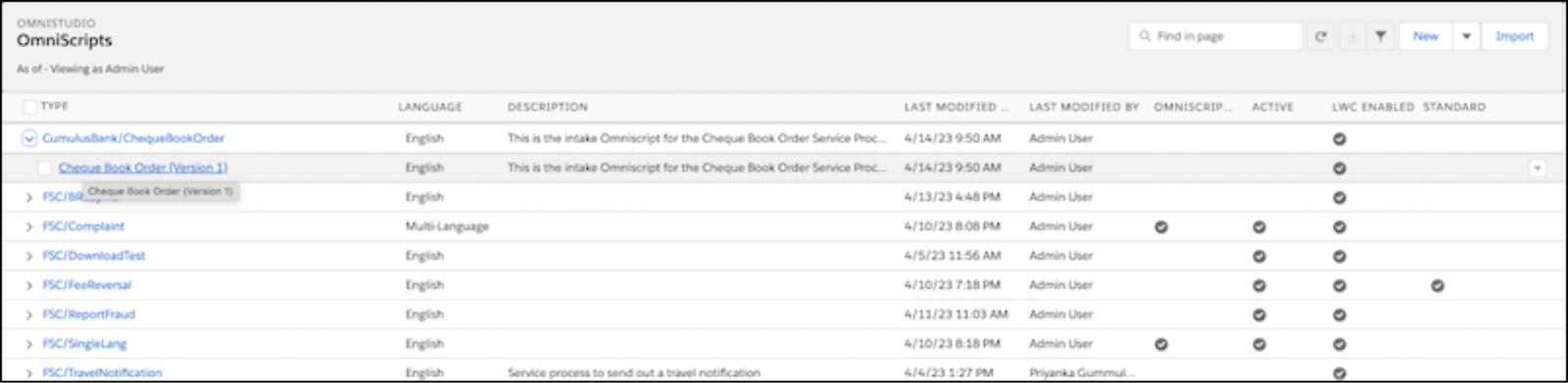 Screen capture that shows the selection of the Cheque Book Order OmniScript from the list of OmniScripts.