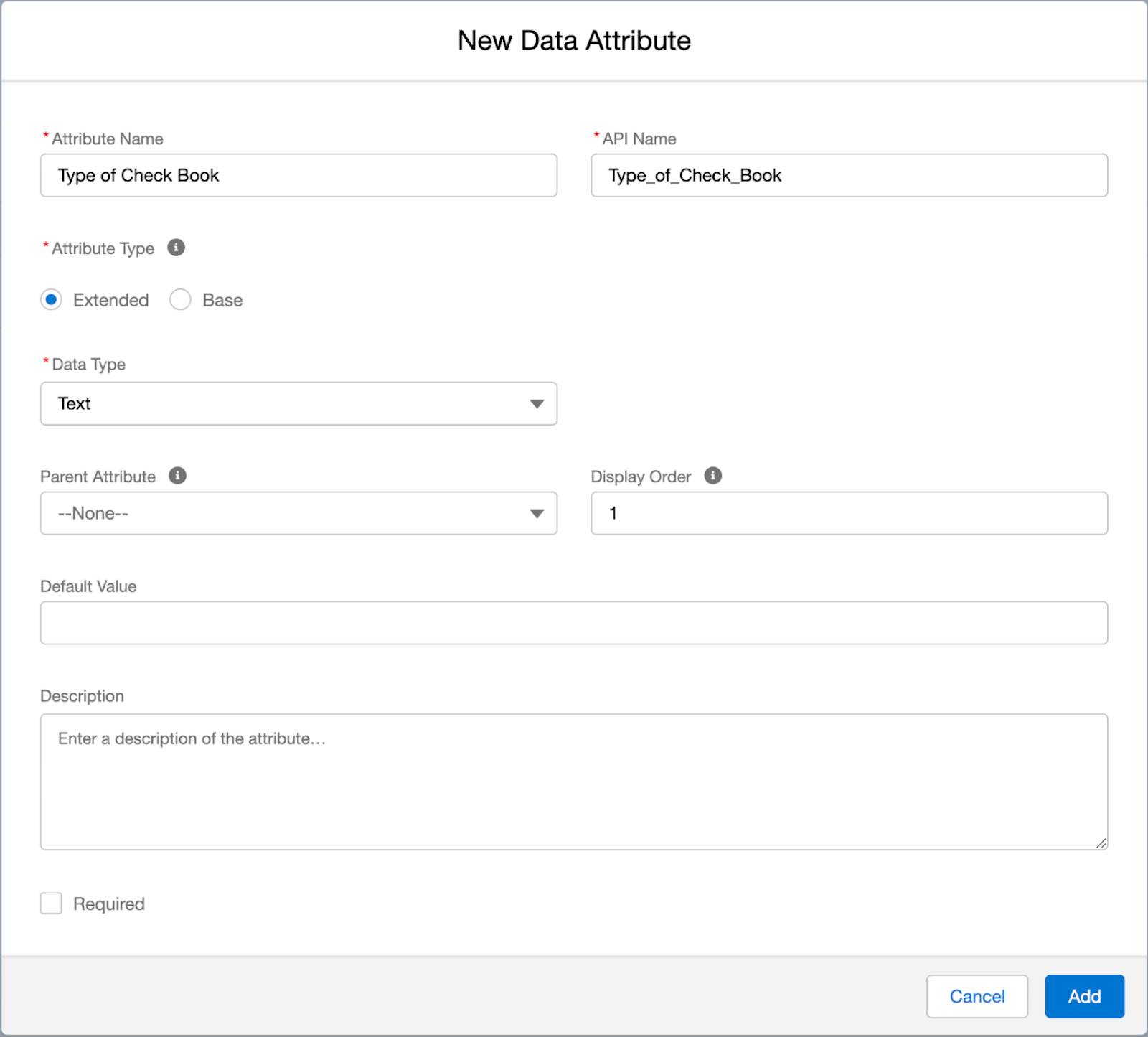 Screen capture of New Data Attribute window with Attribute Name, API name, Attribute Type, and Data Type fields populated.