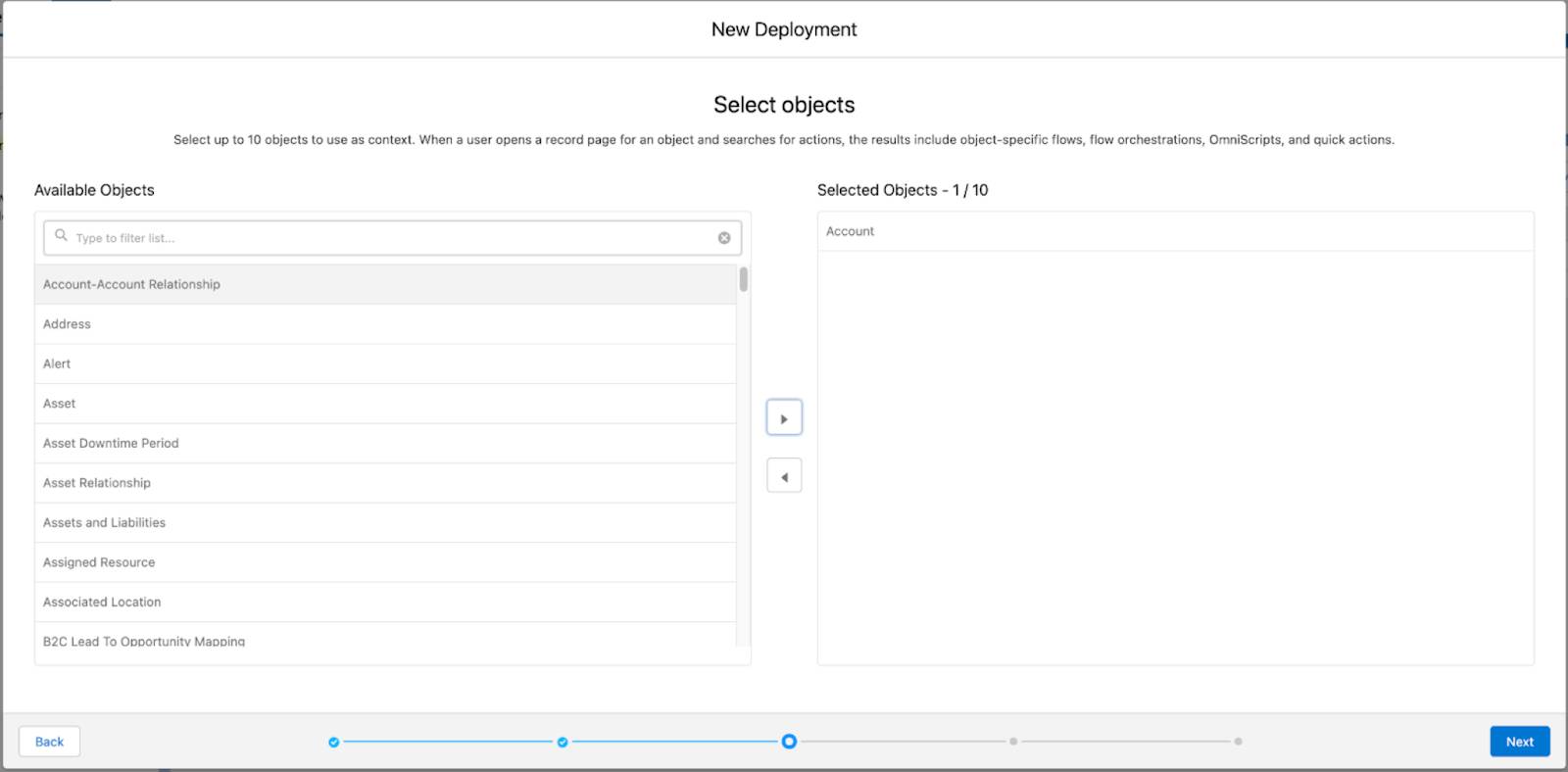 Selecting Account object in the New Deployment window.