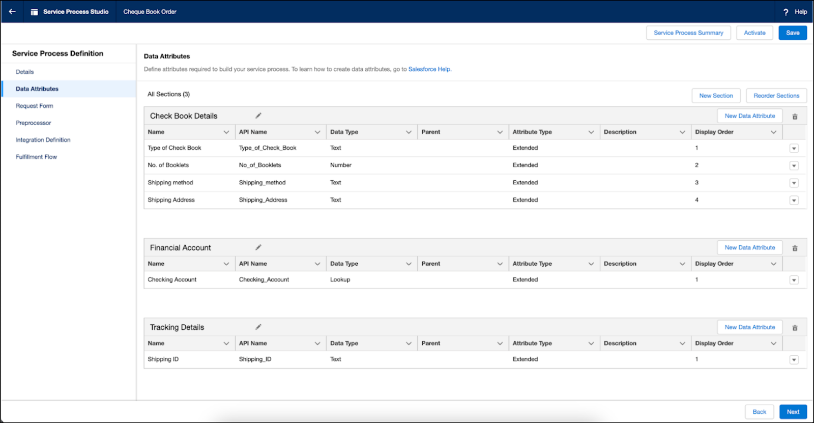 Screen capture of the Check Book Details, Financial Account, and Tracking Details sections with data attributes.