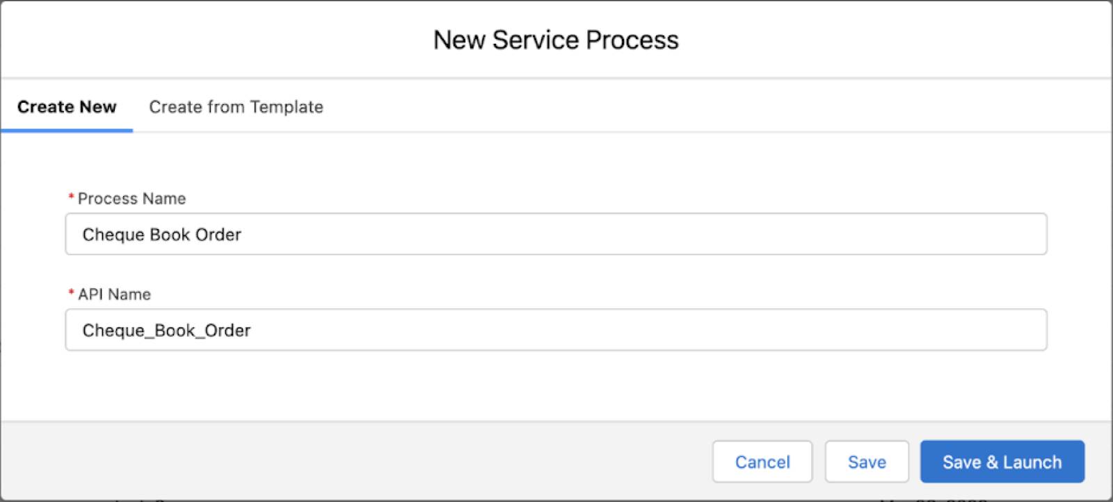 Screen capture of the New Service Process window and Create New tab with the Process Name and API Name fields populated.