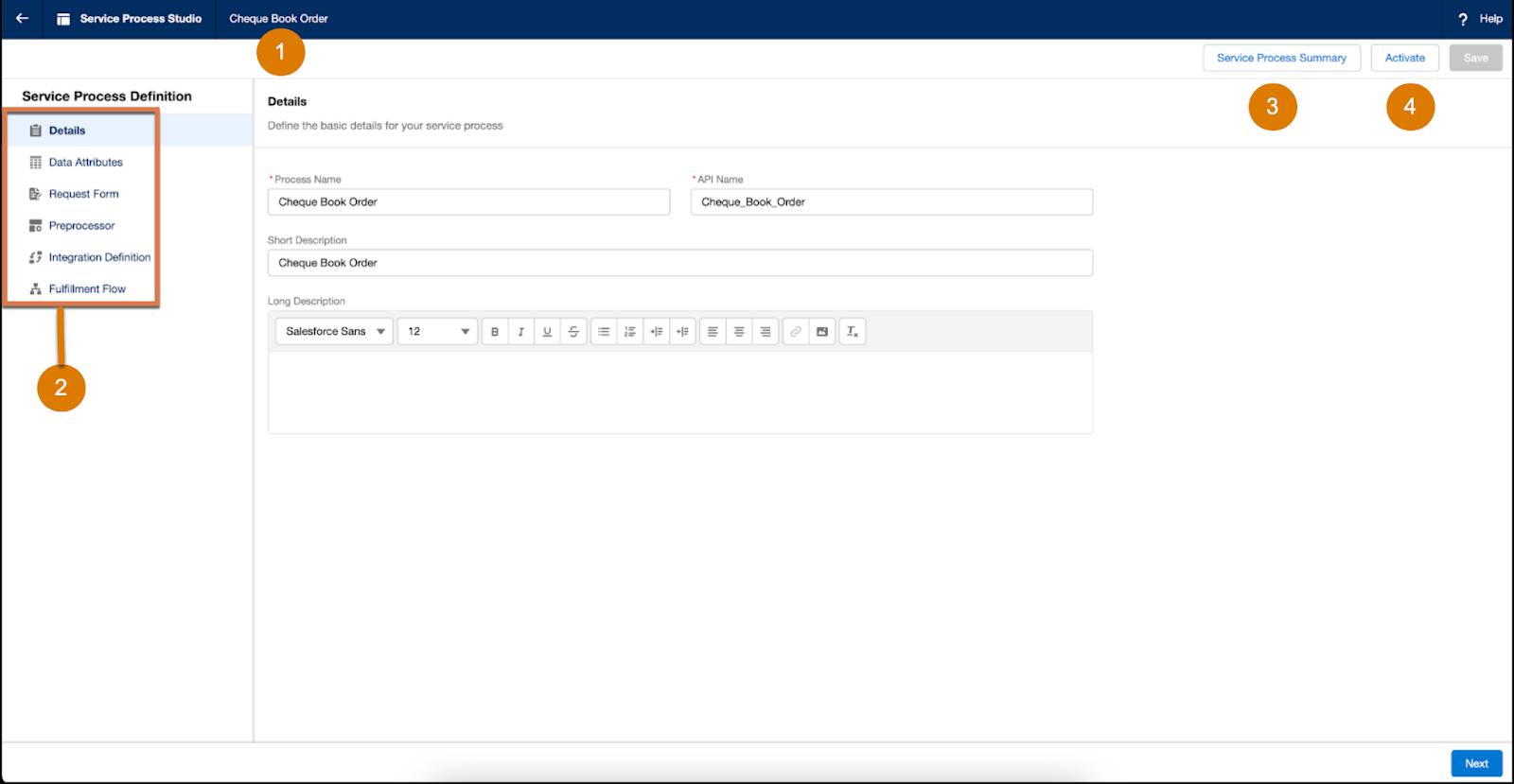 Annotated screen capture of the main Service Process Studio features.