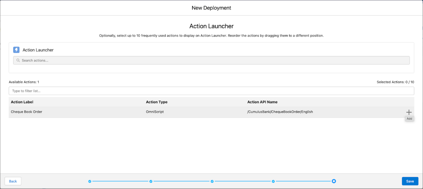 Adding the Cheque Book Order OmniScript as an action button.