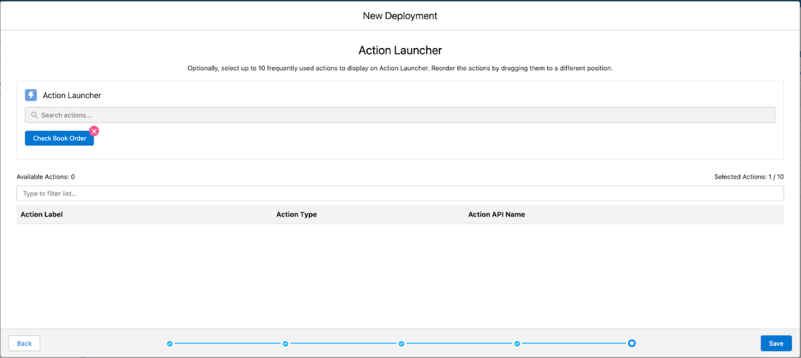 Screen that shows Check Book Order Omniscript added as an action button.