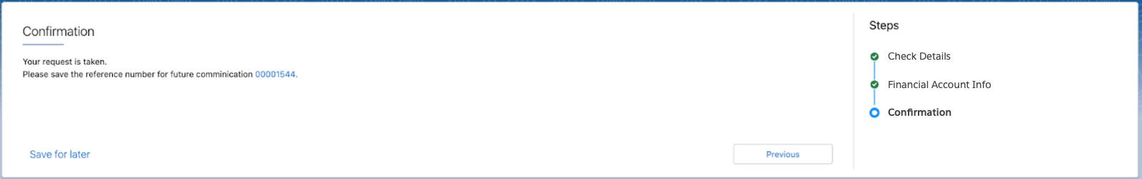 Screen with a confirmation message and case reference number.