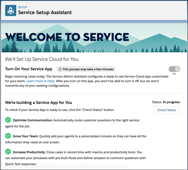 A screenshot of the Service Setup Assistant in Setup.