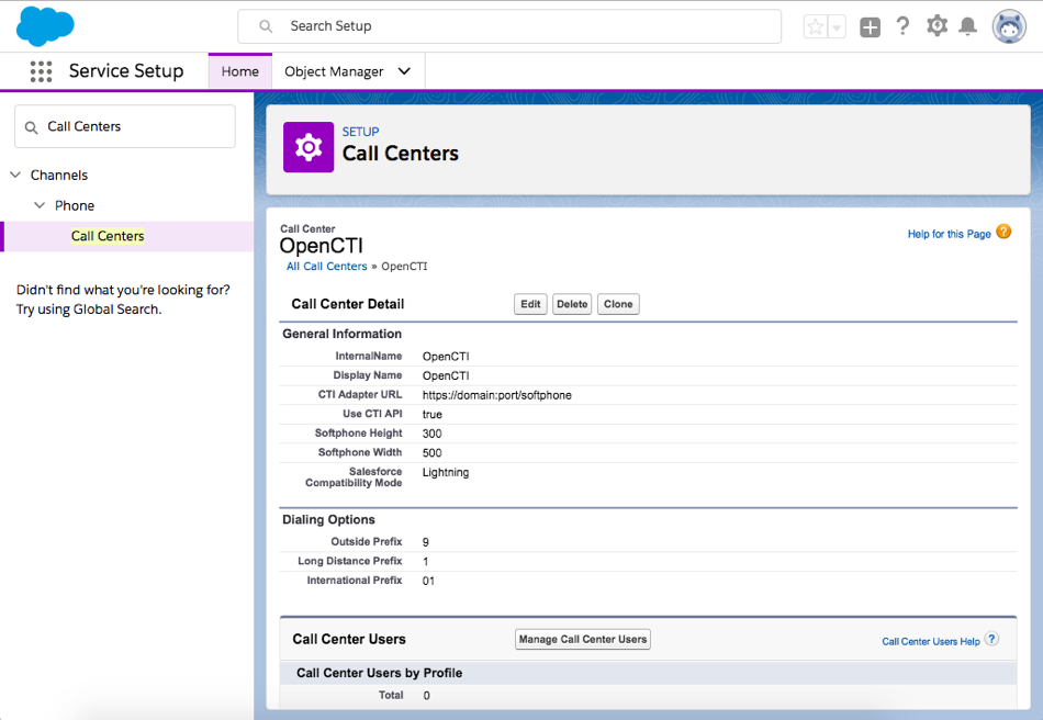 A screenshot of Call Center in Setup with detail information appearing.