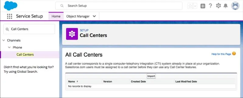 Screenshot des Callcenter-Bereichs in Setup mit eingeblendeter Schaltfläche 'Importieren'