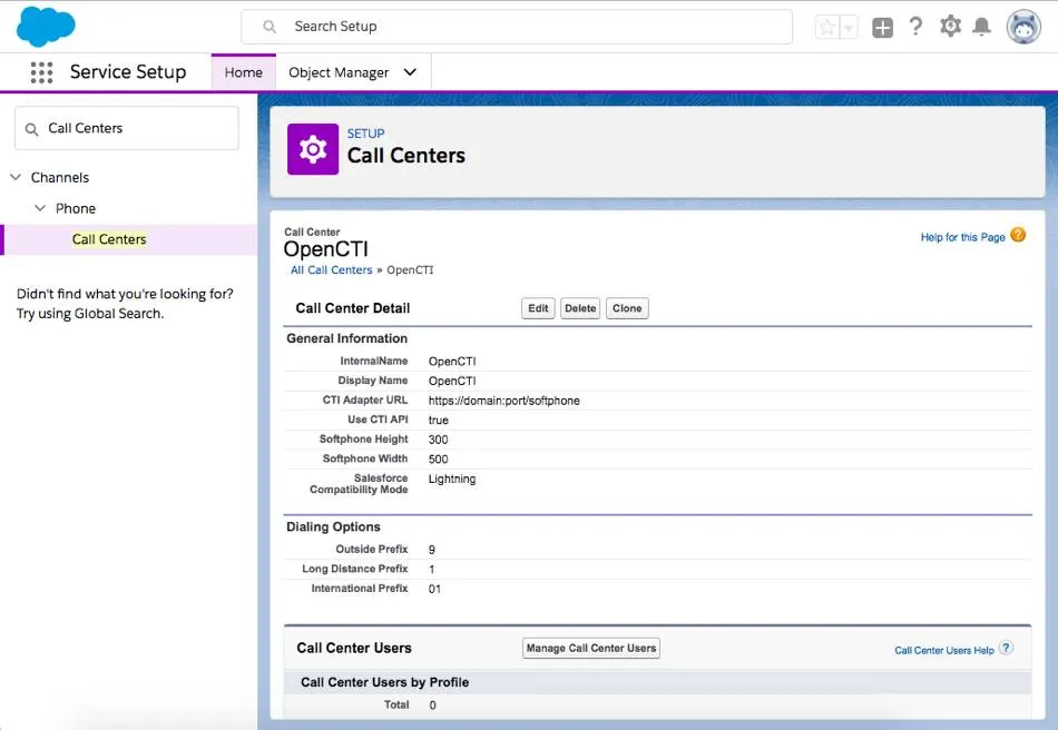 Screenshot des Callcenters in Setup mit Detailinformationen