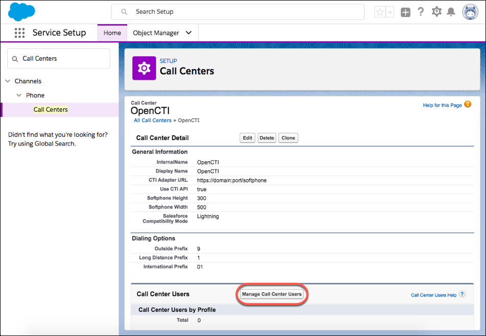 A screenshot of a call center in Setup with the Call Center Users related list.