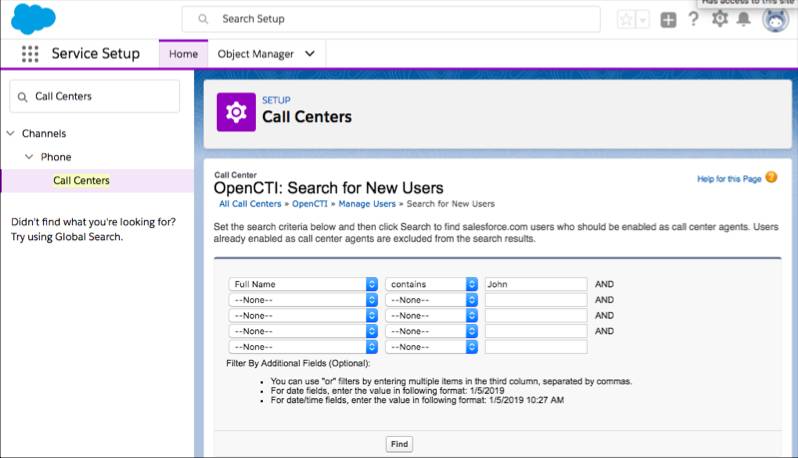 Screenshot zur Suche nach Benutzern mit Kriterien im Callcenter-Setup