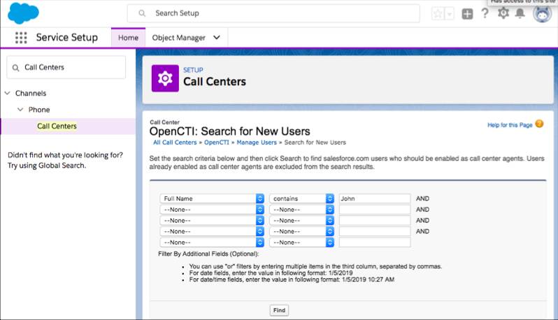 Captura de tela da localização de usuários com critérios na configuração do Centro de atendimento.