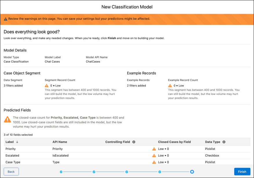 Confirm the selected settings for your classification model with a low-case count error.