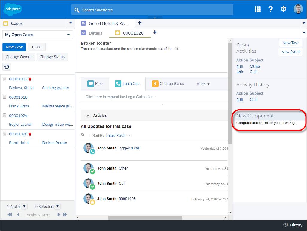ケースのすぐ横に Visualforce コンポーネントが表示されているコンソールのスクリーンショット