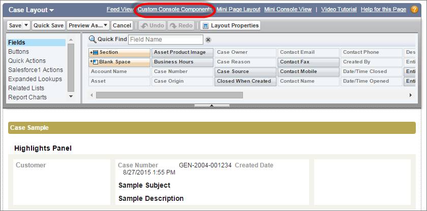 A screenshot of the Custom Console Components link on a case page layout