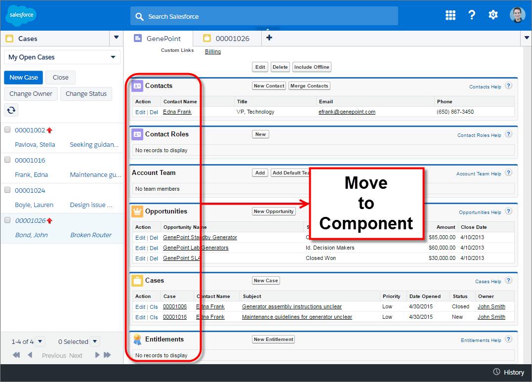 A screenshot of a console with related lists and a callout to move them to a component