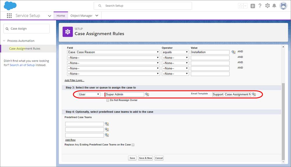 A screenshot of the Case Assignment Rules page with a user and email template selected.