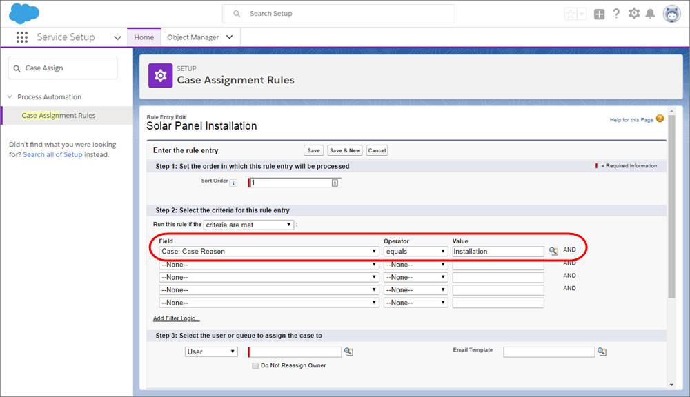 A screenshot of the Case Assignment Rules page in Service Setup.