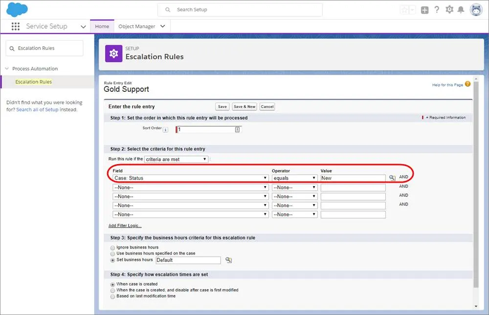 A screenshot of the Escalation Rules page in Service Setup.