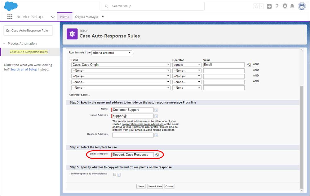 A screenshot of the Case Auto-Response Rules page with field criteria and email templates selected.
