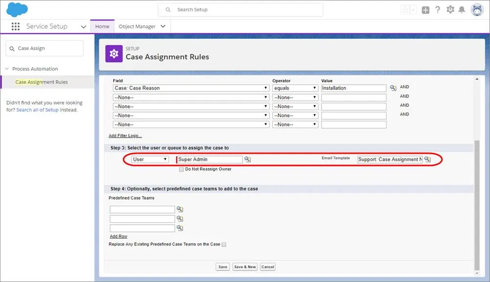 A screenshot of the Case Assignment Rules page with a user and email template selected.