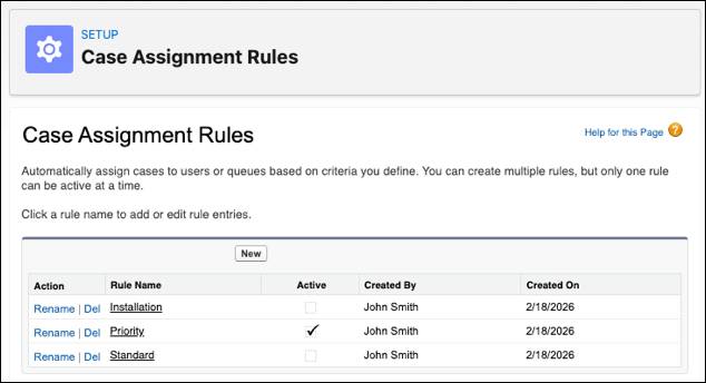 Setup-Seite "Case Assignment Rules" (Zuordnungsregeln für Kundenvorgänge)