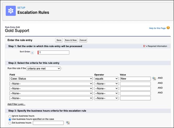 Página Escalation Rules (Reglas de distribución) en la configuración de Service.