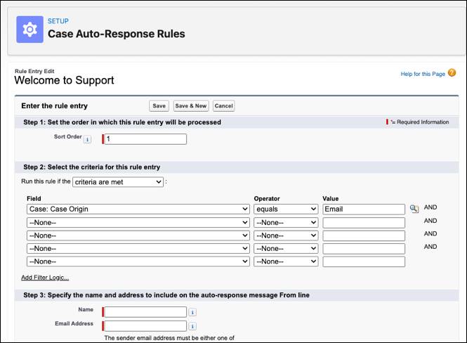 Página Case Auto-Response Rules (Reglas de respuesta automática de casos) en la configuración de Service.