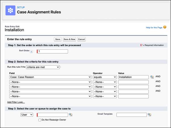 Página Case Assignment Rules (Reglas de asignación de casos) en la configuración.