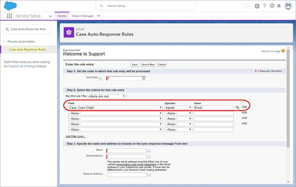 Una captura de pantalla de la página Reglas de respuesta automática de casos en Configuración de servicio.