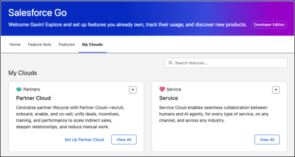 Pagina Salesforce Go in cui è visualizzato My Clouds (Cloud personali).
