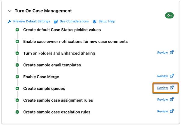 Salesforce Go에서 Case Management(사례 관리)가 활성화되고 Create sample queues(샘플 대기열 만들기)가 강조 표시된 모습