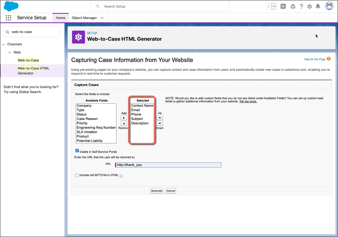 A screenshot of the Web-to-Case HTML Generator\ page in Service Setup.