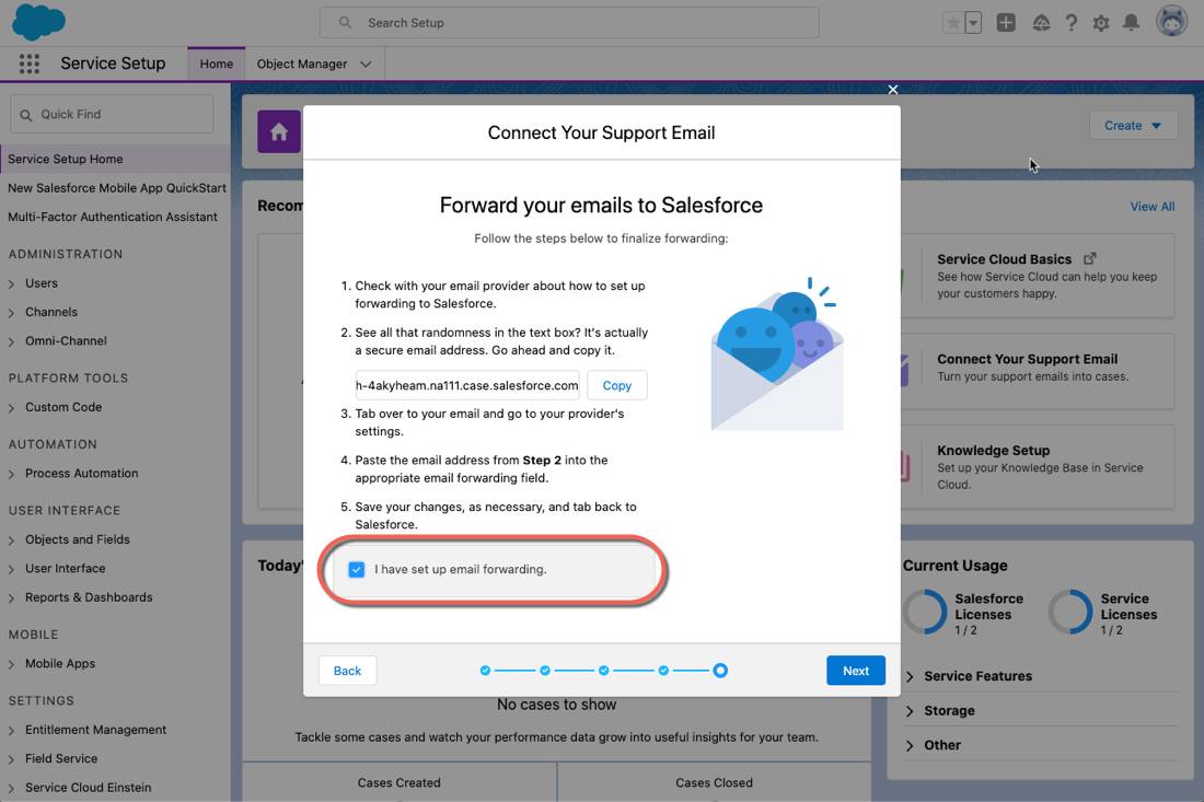 The email setup prompt with the checkbox selected confirming email forwarding.