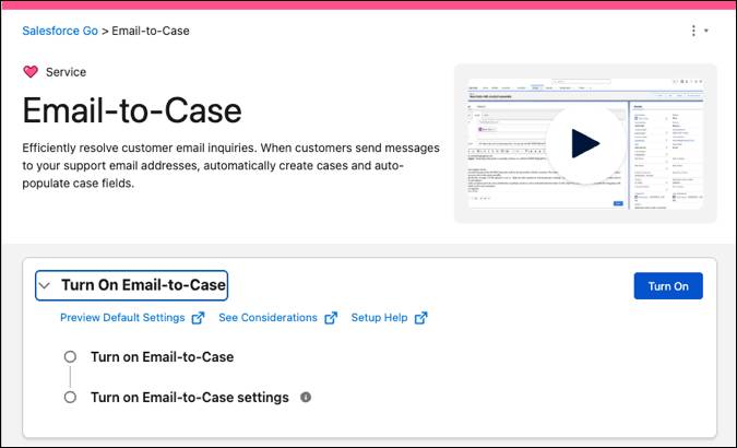 Die Seite "Email-to-Case" (E-Mail-Vorgangserfassung) in Salesforce Go mit der Schaltfläche "Turn On" (Aktivieren)