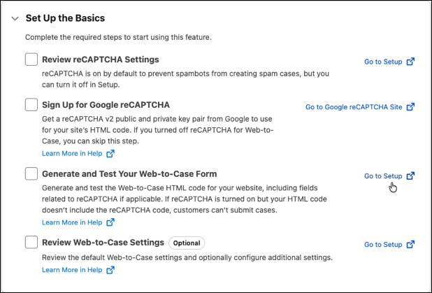 Die Seite mit Einstellungen für "Web-to-Case" (Online-Vorgangserfassung) in Salesforce Go.