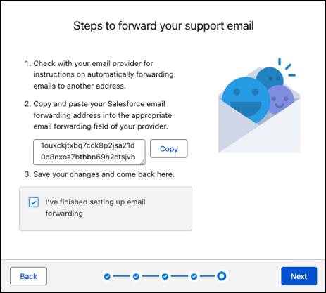E-Mail-Setup-Bildschirm mit Kontrollkästchen zur Bestätigung der E-Mail-Weiterleitung