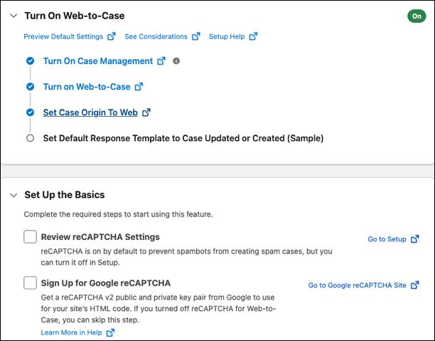 Die Seite mit Einstellungen für "Web-to-Case" (Online-Vorgangserfassung) in Salesforce Go.